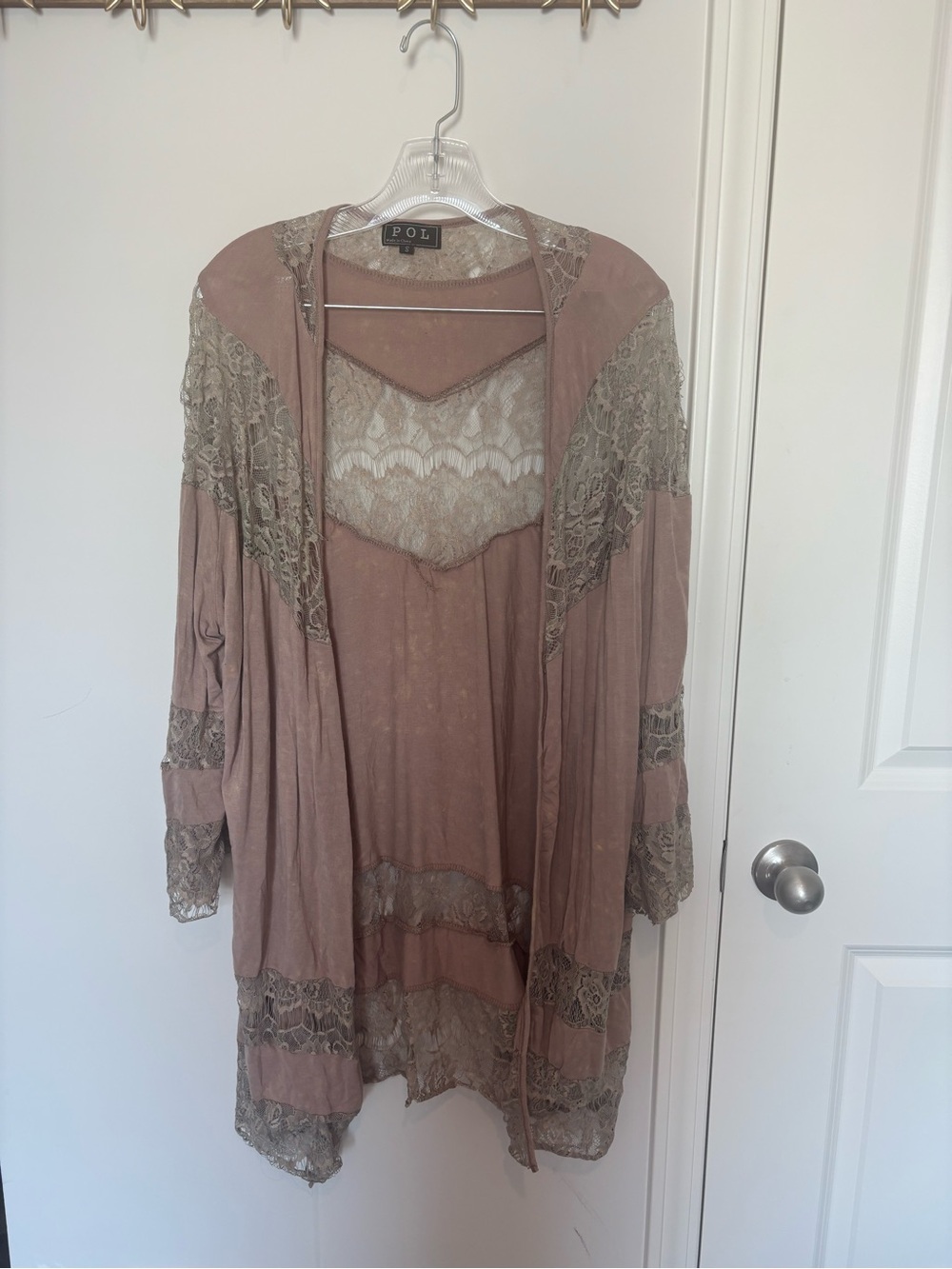 POL Dusty Rose Lace-Trim Sheer Cardigan